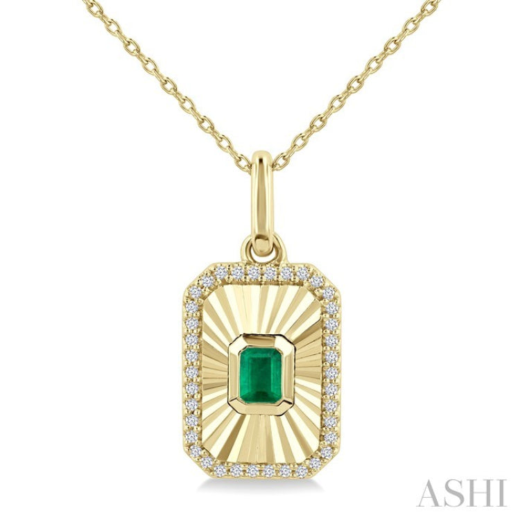 4X3 MM Octagon Shape Emerald and 1/8 Ctw Round Cut Diamond Precious Fluted Medallion Pendant in 10K Yellow Gold with Chain