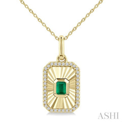 4X3 MM Octagon Shape Emerald and 1/8 Ctw Round Cut Diamond Precious Fluted Medallion Pendant in 10K Yellow Gold with Chain