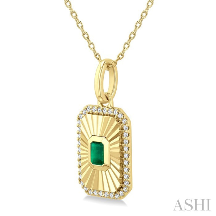 4X3 MM Octagon Shape Emerald and 1/8 Ctw Round Cut Diamond Precious Fluted Medallion Pendant in 10K Yellow Gold with Chain