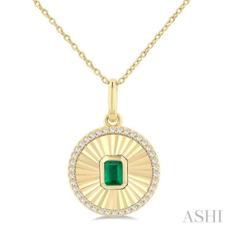 4X3 MM Octagon Shape Emerald and 1/8 Ctw Round Cut Diamond Precious Fluted Medallion Pendant in 10K Yellow Gold with Chain