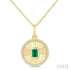 4X3 MM Octagon Shape Emerald and 1/8 Ctw Round Cut Diamond Precious Fluted Medallion Pendant in 10K Yellow Gold with Chain