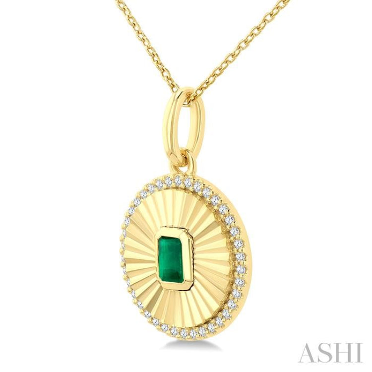 4X3 MM Octagon Shape Emerald and 1/8 Ctw Round Cut Diamond Precious Fluted Medallion Pendant in 10K Yellow Gold with Chain