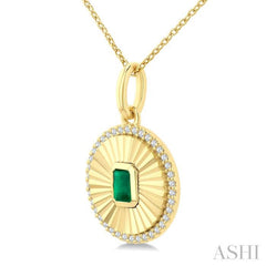 4X3 MM Octagon Shape Emerald and 1/8 Ctw Round Cut Diamond Precious Fluted Medallion Pendant in 10K Yellow Gold with Chain