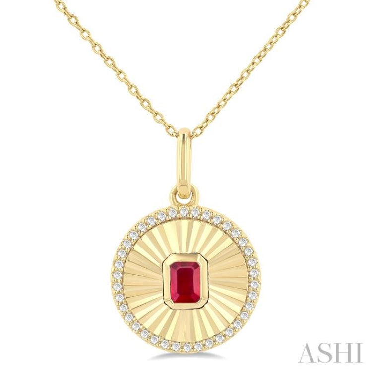 4X3 MM Octagon Shape Ruby and 1/8 Ctw Round Cut Diamond Precious Fluted Medallion Pendant in 10K Yellow Gold with Chain