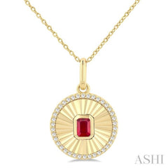 4X3 MM Octagon Shape Ruby and 1/8 Ctw Round Cut Diamond Precious Fluted Medallion Pendant in 10K Yellow Gold with Chain