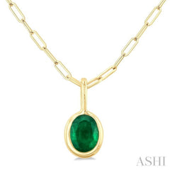 6x4 MM Bezel Set Oval Cut Emerald Precious Fashion Pendant With Paperclip Chain in 14K Yellow Gold