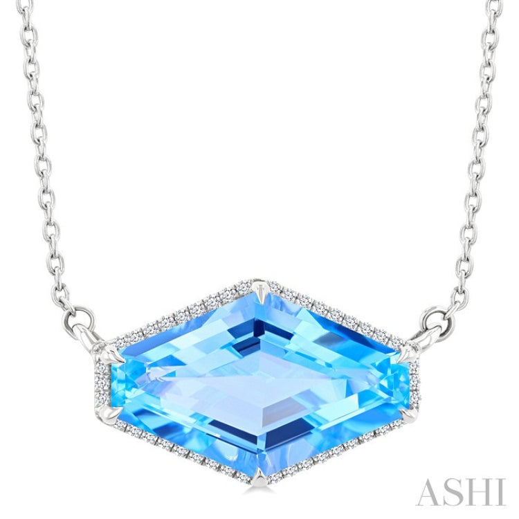 16x10 MM Hexagon Shape Blue Topaz and 1/10 Ctw Round Cut Diamond Halo Semi-Precious Pendant With Chain in 14K White Gold