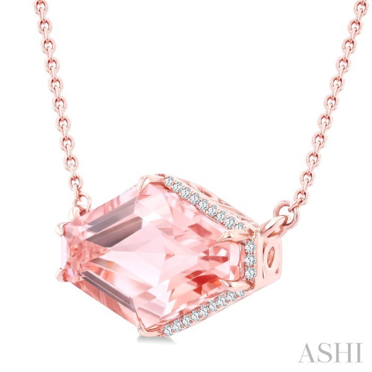 16x10 MM Hexagon Shape Morganite and 1/10 Ctw Round Cut Diamond Halo Semi-Precious Pendant With Chain in 14K Rose Gold