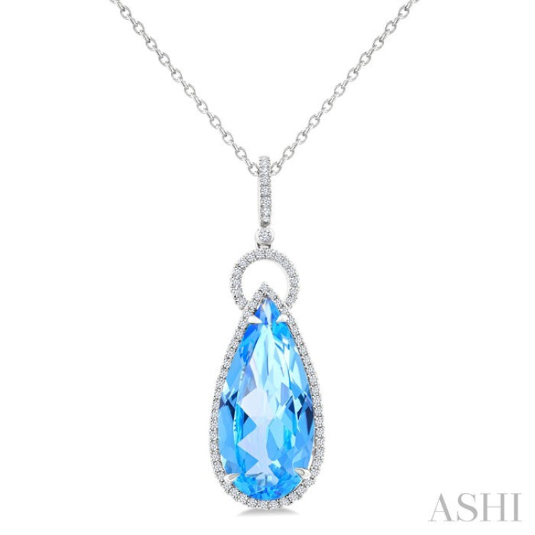 22X10 MM Pear Cut Blue Topaz and 1/3 Ctw Round Cut Diamond Halo Semi-Precious Pendant With Chain in 14K White Gold