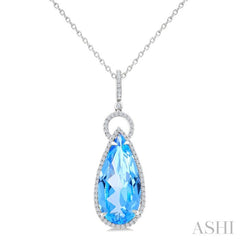 22X10 MM Pear Cut Blue Topaz and 1/3 Ctw Round Cut Diamond Halo Semi-Precious Pendant With Chain in 14K White Gold
