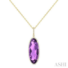 26x10 MM Oval Cut Amethyst and 1/3 Ctw Round Cut Diamond Semi-Precious Pendant With Chain in 14K Yellow Gold