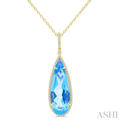 26x9 MM Pear Cut Blue Topaz and 1/4 Ctw Round Cut Diamond Halo Semi-Precious Pendant With Chain in 14K Yellow Gold