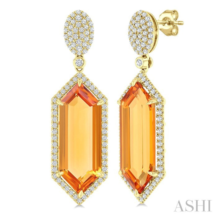 22x8 MM Hexagon Shape Citrine and 7/8 Ctw Round Cut Diamond Halo Semi-Precious Earrings in 14K Yellow Gold