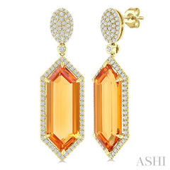 22x8 MM Hexagon Shape Citrine and 7/8 Ctw Round Cut Diamond Halo Semi-Precious Earrings in 14K Yellow Gold