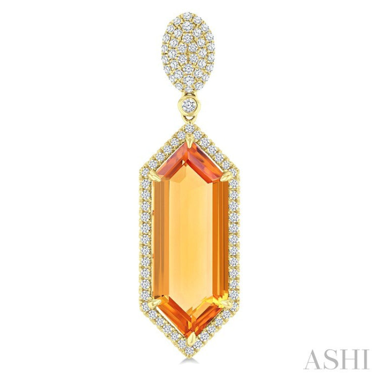 22x8 MM Hexagon Shape Citrine and 7/8 Ctw Round Cut Diamond Halo Semi-Precious Earrings in 14K Yellow Gold