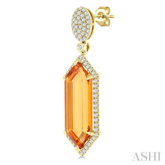22x8 MM Hexagon Shape Citrine and 7/8 Ctw Round Cut Diamond Halo Semi-Precious Earrings in 14K Yellow Gold