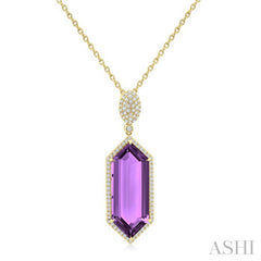 26x10 MM Hexagon Shape Amethyst and 1/2 Ctw Round Cut Diamond Halo Semi-Precious Pendant With Chain in 14K Yellow Gold