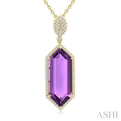 26x10 MM Hexagon Shape Amethyst and 1/2 Ctw Round Cut Diamond Halo Semi-Precious Pendant With Chain in 14K Yellow Gold