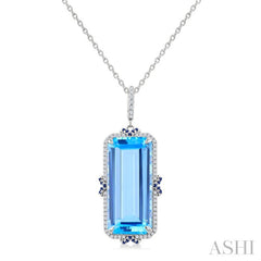 22x10 MM Emerald Cut Blue Topaz and .80 MM Sapphire & 1/5 Ctw Round Cut Diamond Halo Precious & Semi-Precious Pendant With Chain in 14K White Gold