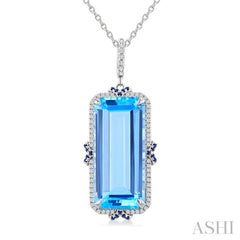 22x10 MM Emerald Cut Blue Topaz and .80 MM Sapphire & 1/5 Ctw Round Cut Diamond Halo Precious & Semi-Precious Pendant With Chain in 14K White Gold