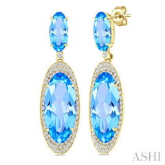 18x8 MM & 10x5 MM Oval Cut Blue Topaz and 3/4 Ctw Round Cut Diamond Halo Semi-Precious Earrings in 14K Yellow Gold