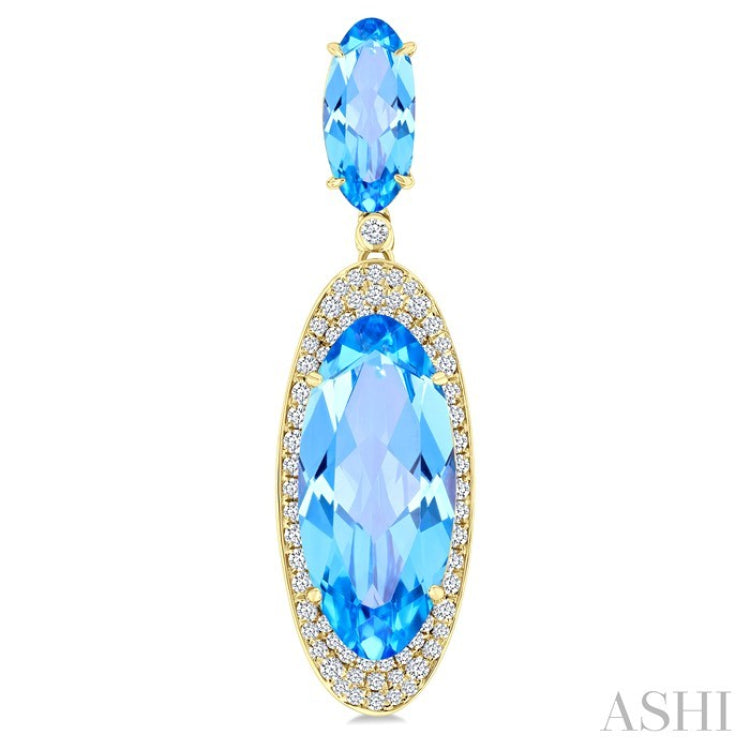 18x8 MM & 10x5 MM Oval Cut Blue Topaz and 3/4 Ctw Round Cut Diamond Halo Semi-Precious Earrings in 14K Yellow Gold