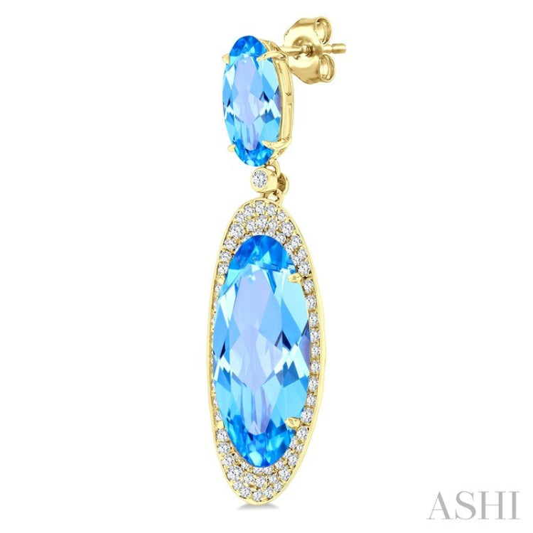 18x8 MM & 10x5 MM Oval Cut Blue Topaz and 3/4 Ctw Round Cut Diamond Halo Semi-Precious Earrings in 14K Yellow Gold