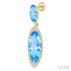 18x8 MM & 10x5 MM Oval Cut Blue Topaz and 3/4 Ctw Round Cut Diamond Halo Semi-Precious Earrings in 14K Yellow Gold