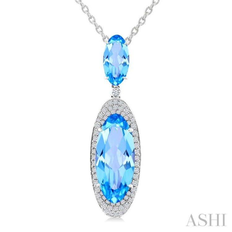 18x8 MM & 10x5 MM Oval Cut Blue Topaz and 1/3 Ctw Round Cut Diamond Halo Semi-Precious Pendant With Chain in 14K White Gold