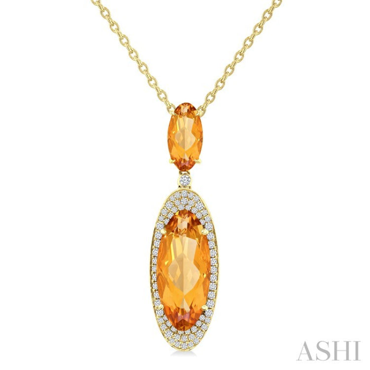18x8 MM & 10x5 MM Oval Cut Citrine and 1/3 Ctw Round Cut Diamond Halo Semi-Precious Pendant With Chain in 14K Yellow Gold