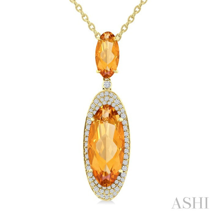 18x8 MM & 10x5 MM Oval Cut Citrine and 1/3 Ctw Round Cut Diamond Halo Semi-Precious Pendant With Chain in 14K Yellow Gold