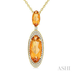 18x8 MM & 10x5 MM Oval Cut Citrine and 1/3 Ctw Round Cut Diamond Halo Semi-Precious Pendant With Chain in 14K Yellow Gold