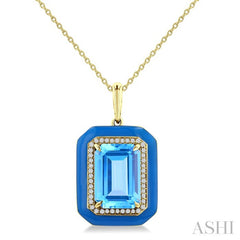 14x10 MM Emerald Cut Blue Topaz and 1/5 Ctw Round Cut Diamond Halo & Blue Enamel Border Semi-Precious Pendant With Chain in 14K Yellow Gold