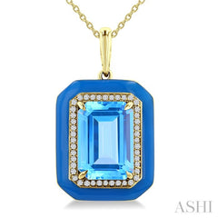 14x10 MM Emerald Cut Blue Topaz and 1/5 Ctw Round Cut Diamond Halo & Blue Enamel Border Semi-Precious Pendant With Chain in 14K Yellow Gold
