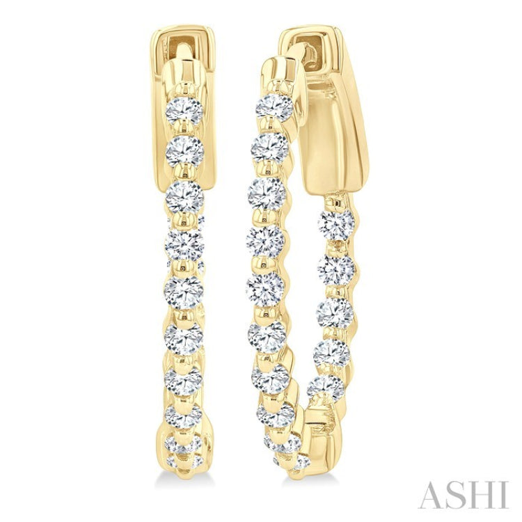 1/2 Ctw Inside-Out Single Prong Set Round Cut Diamond Hoop Earrings in 14K Yellow Gold