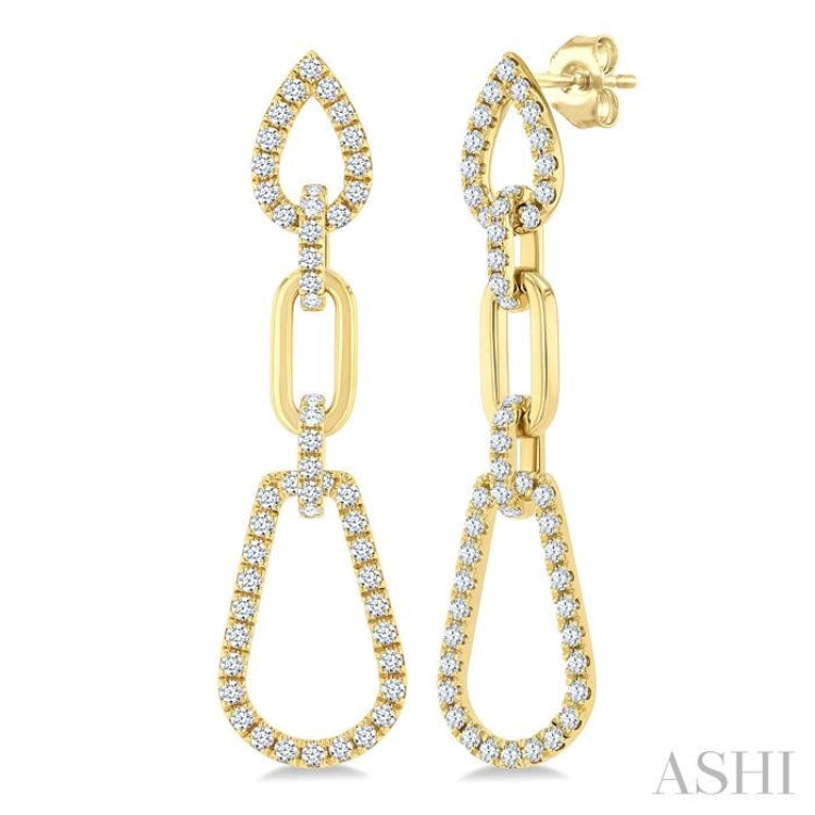 3/4 Ctw Open Window Pear Shape Link Round Cut Diamond Fashion Earrings in 14K Yellow Gold