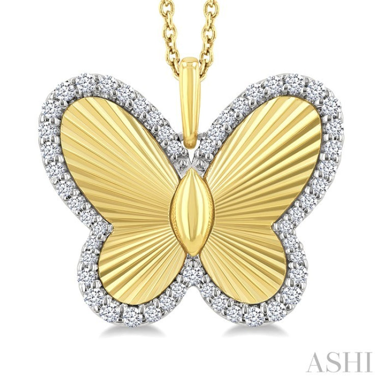 1/4 Ctw Fluted Texture Butterfly Round Cut Diamond Fashion Pendant With Chain in 14K Yellow and White Gold