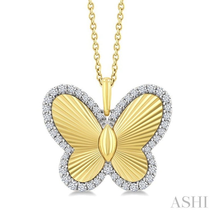 1/4 Ctw Fluted Texture Butterfly Round Cut Diamond Fashion Pendant With Chain in 10K Yellow and White Gold