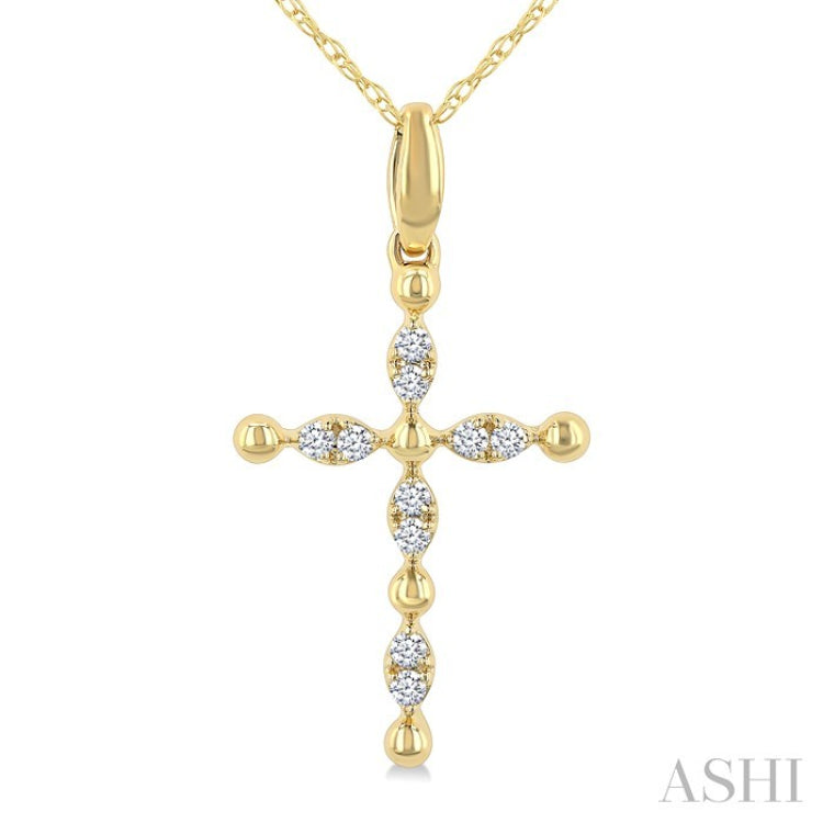 1/20 Ctw Cross Marquise and Ball Bead Motif Round Cut Diamond Fashion Pendant With Chain in 10K Yellow Gold