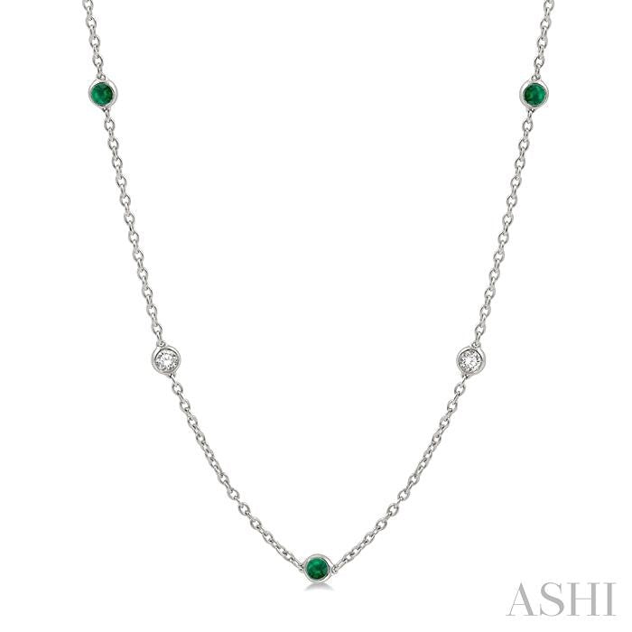 2.85 MM Emerald and 1/2 Ctw Round Cut Diamond Precious Station Necklace in 14K White Gold