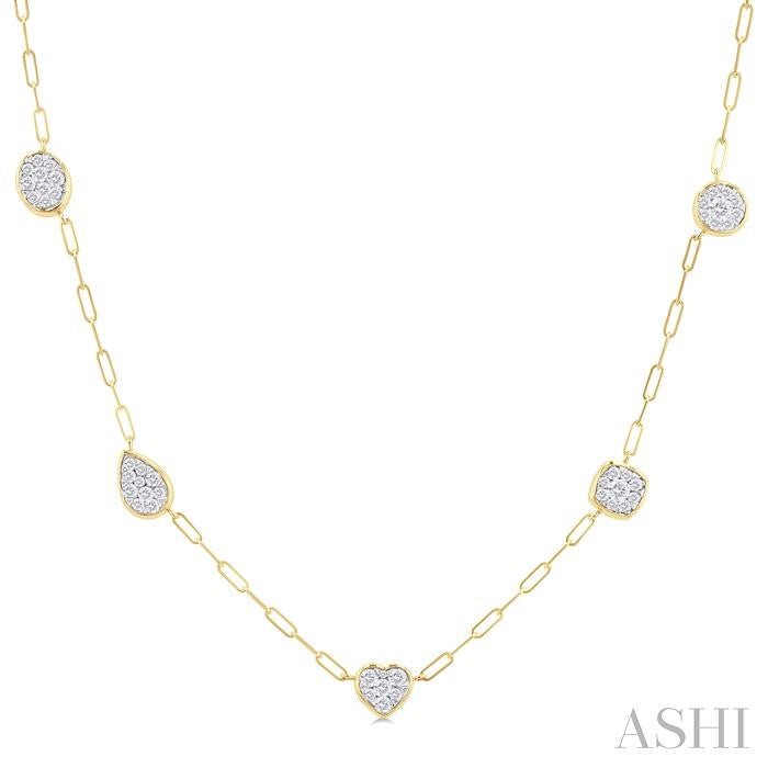 3/4 Ctw Lovebright Mixed Shape Mount Round Cut Diamond Station Necklace in 14K Yellow and White Gold