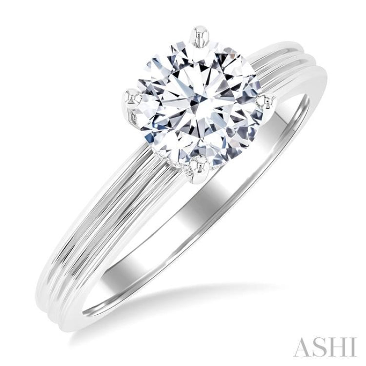 1/20 Ctw Circular Shape Grooved Shank Round Cut Diamond Semi-Mount Engagement Ring in 14K White Gold